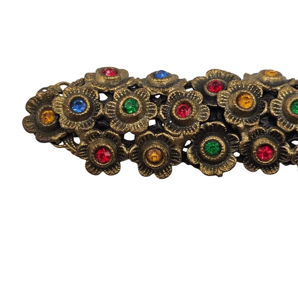 Vtg Czech Style Brass Floral Bar Brooch Multicolor Glass Rhinestones 3.5" Stmt - Picture 4 of 10